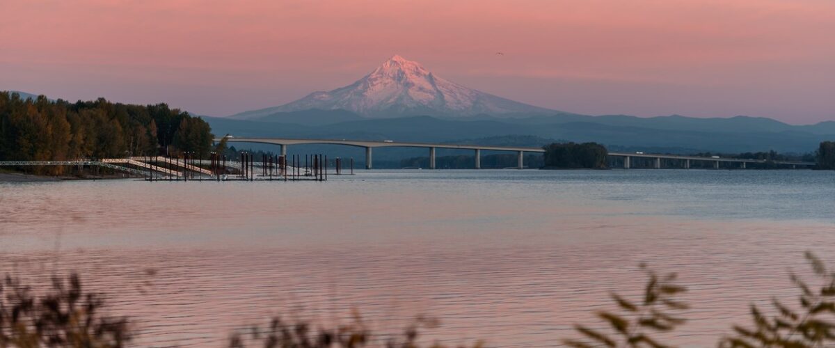 A sunrise view of Mount Hood and the Columbia River.