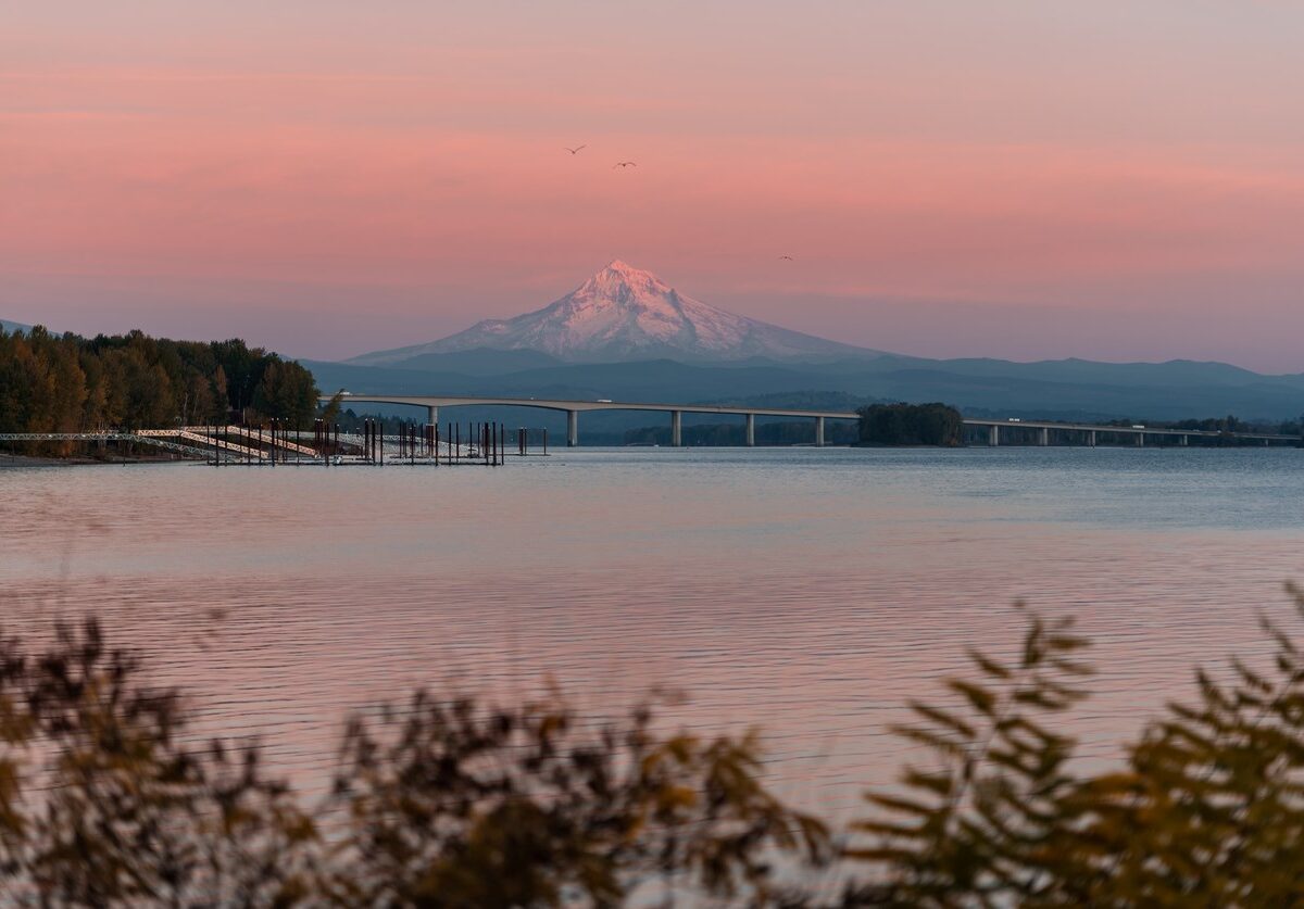 A sunrise view of Mount Hood and the Columbia River.