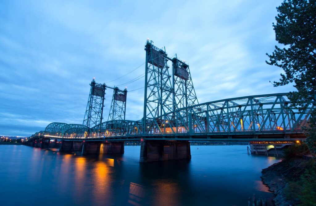 The Columbia River Interstate Bridge in the evening in Vancouver, WA.